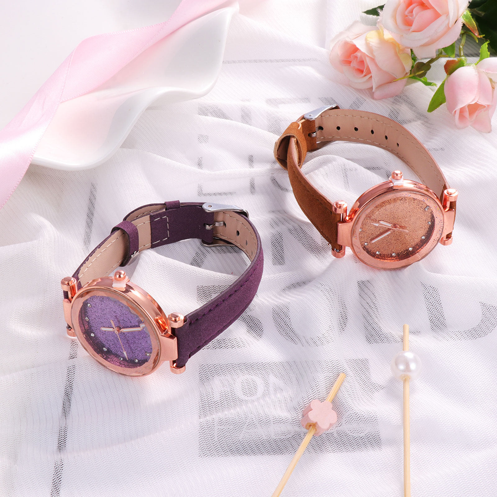 Luxury Watch Gift For Her - 2Pcs Female Wrist Watch Ladies Fashionable